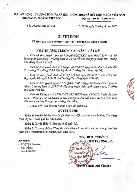 QĐ số 22/2023/QĐ-CĐVM v/v ban hành nội quy sinh viên trường Cao đẳng Việt Mỹ