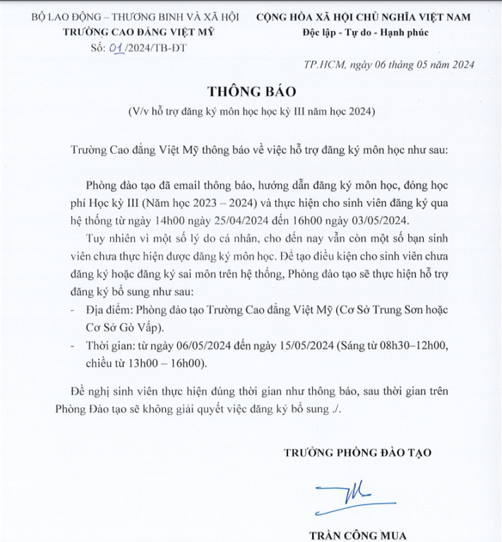 Thông báo đăng ký môn học học kỳ III năm 2024